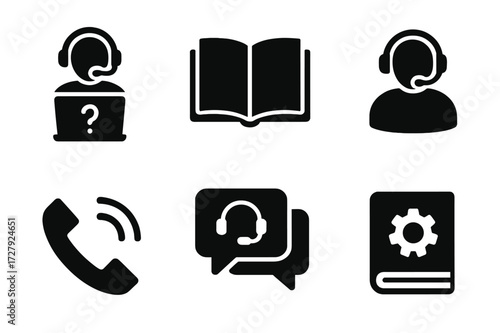 Advisor Support Icons. Solid, filled icon set of advisor support: help desk, knowledge base, FAQs, customer support, hotline, chat support, ticket system,