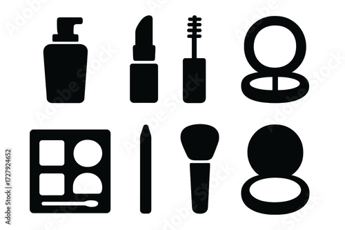 Makeup Essentials Icons. Solid, filled icon set of daily makeup essentials: foundation, lipstick, mascara, blush, eyeshadow, eyebrow pencil, compact powder,
