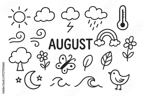August Weather Doodles. Hand-drawn doodle illustration [August weather and nature] [sun, clouds, lightning bolt, rain, wind swirl, rainbow, thermometer, tree,