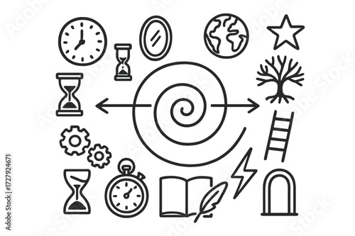 Parallel Timelines Doodle. Hand-drawn doodle illustration parallel timelines spiral, two arrows, clock, globe, mirror, gears, hourglass, star, tree of life,