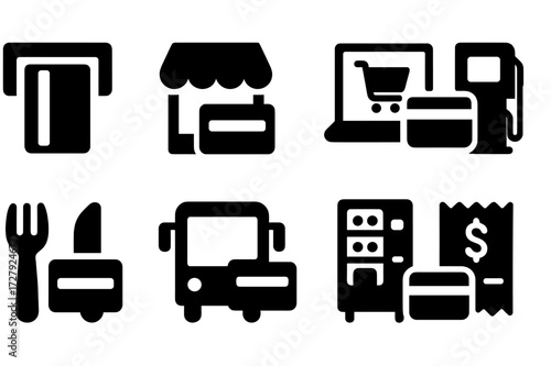 Debit Card Usage Icons. Solid, filled icon set of debit card usage places: ATM, retail store, online shopping, gas station, restaurant, public transport,