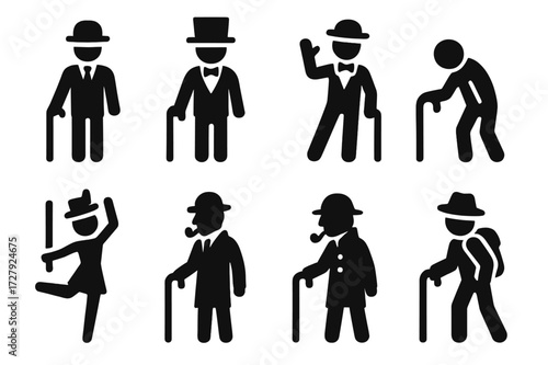 Famous Cane Users. Solid, filled icon set of famous cane users: gentleman with cane, magician with cane, performer with cane, elderly person with cane, dancer