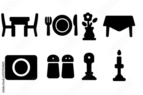 Feast Icon Set. Solid, filled icon set of feast tablesetting: dining table, chairs, tableware, centerpiece, table runner, placemat, salt and pepper shakers,