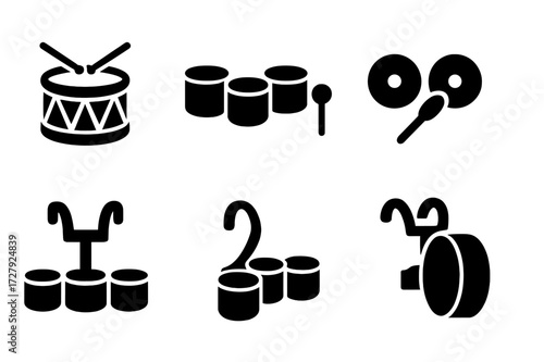 Drumline Instruments Icons. Solid, filled icon set of drumline instruments: snare drum, tenor drums, bass drums, cymbals, quad drums, marching snare, marching