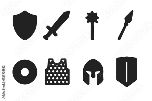 Protective Tools Icons. Solid, filled icon set of protective tools: shield, sword, mace, spear, buckler, chainmail, helmet, tower shield. Solid, filled icons