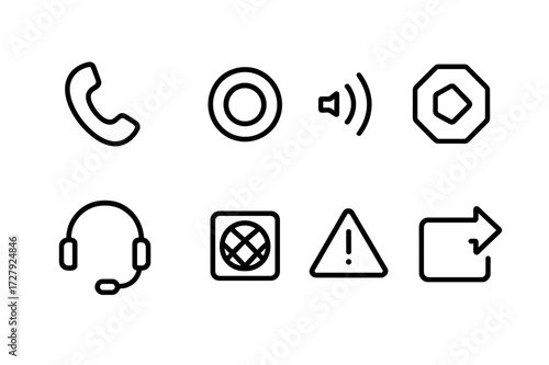 Military Radio Icons. Outline icon set of military radio operations: call button, push-to-talk, volume control, channel selector, headset microphone, speaker