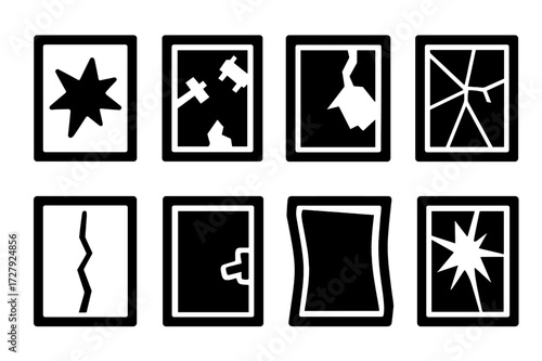 Broken Window Icons. Solid, filled icon set of residential broken window: smashed glass, cracked frame, taped patches, missing shards, spiderweb cracks, broken