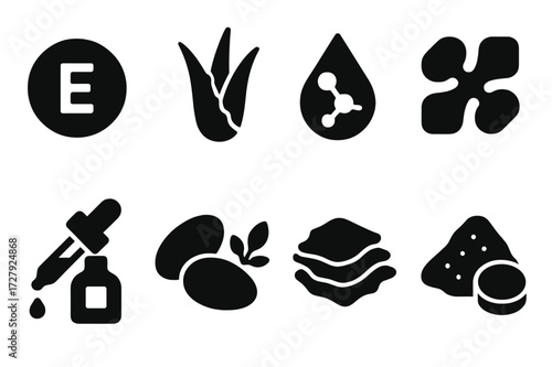 Makeup Ingredient Icons. Solid, filled icon set of makeup ingredients: vitamin E, aloe vera, hyaluronic acid, collagen, argan oil, shea butter, mica, pigment