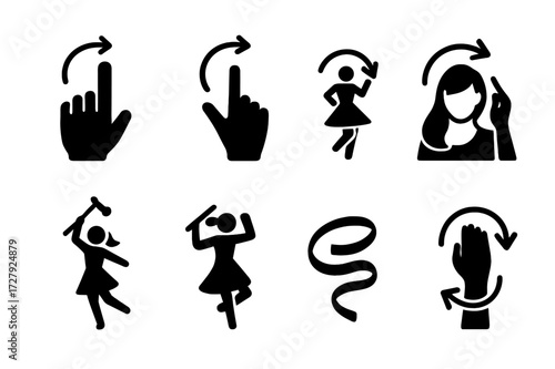 Twirl Gesture Icons. Solid, filled icon set of dance practice tools: metronome, dance shoes, mirror, music player, dance mat, stopwatch, stretching band, water