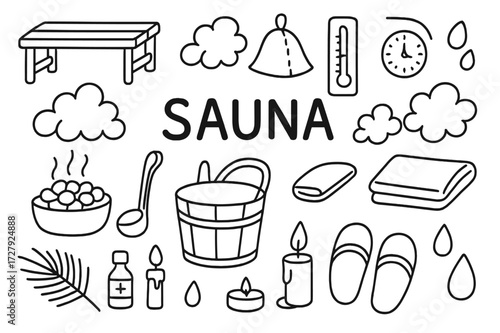 Sauna Essentials Illustration. Hand-drawn doodle illustration Sauna environment, steam clouds, wooden bench, sauna stones, bucket, ladle, towel, sauna hat,