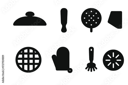 Pan Accessories Icons. Solid, filled icon set of pan accessories: pan lid, handle grip, splatter guard, pan scraper, trivet, oven mitt, pan brush, heat