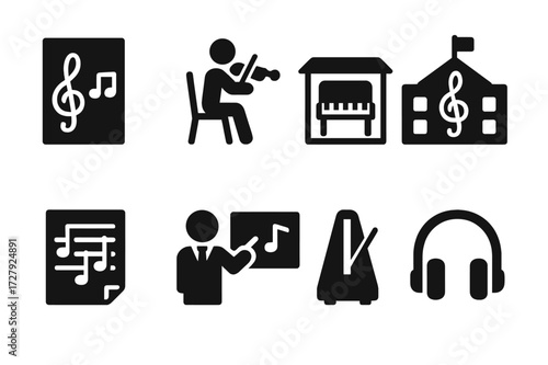 Music Education Icons. Solid, filled icon set of orchestra education: music theory, instrument lessons, practice room, music school, sheet music, instructor,