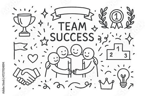 Team Success Icons. Hand-drawn doodle illustration Team Success [group of people hugging, trophy, medal, laurel wreath, star, sparkle, handshake, confetti,