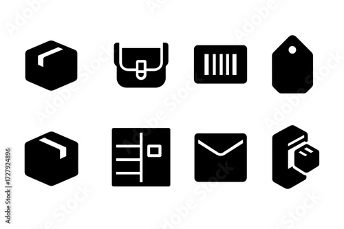 Compact Shipment Icons. Solid, filled icon set of compact shipment: tiny package, courier bag, barcode label, shipping tag, taped box, parcel locker, padded