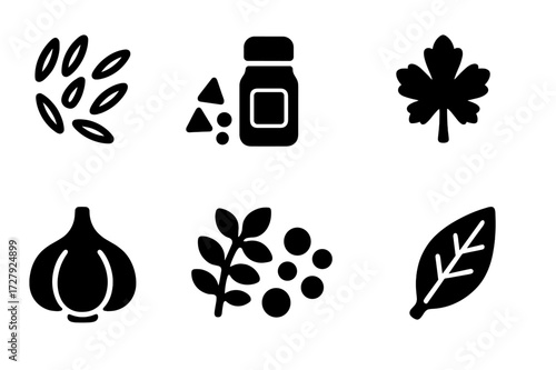 Spice Icon Grid. Solid, filled icon set of spices and herbs: cumin seed, chili flakes, paprika, coriander leaf, garlic bulb, oregano sprig, black pepper, bay