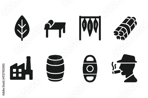Cigar Production Icons. Solid, filled icon set of cigar production: tobacco leaf, rolling table, drying rack, tobacco bundle, factory, barrel, cutter, smoker.