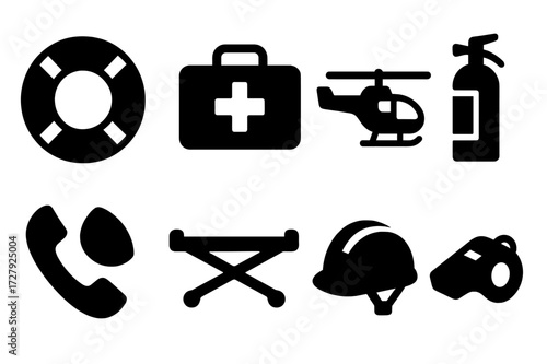 Rescue Icons Grid. Solid, filled icon set of rescue operations: lifebuoy, first aid kit, rescue helicopter, fire extinguisher, emergency phone, stretcher,