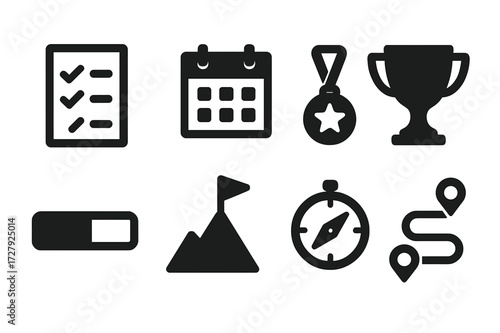 Goal Setting Icons. Solid, filled icon set of goal setting: checklist, calendar, medal, trophy, progress bar, flag on mountain, compass, roadmap. [Line icons