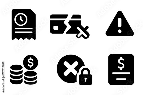 Bad Credit Icons. Solid, filled icon set of bad credit: overdue bill, broken credit card, declined payment, warning alert, debt pile, red cross stamp, locked