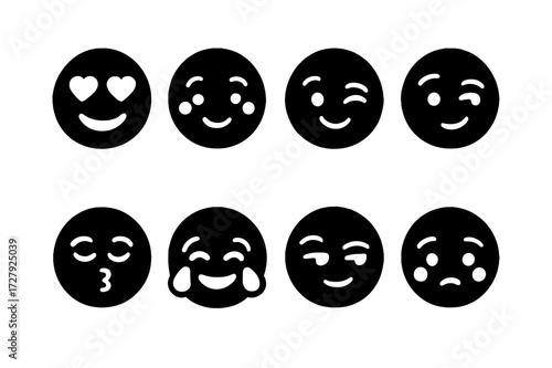 Flirt Expression Icons. Solid, filled icon set of flirt expressions: heart eyes, blushing face, coy smile, raised eyebrow, pursed lips, giggle, smirk, bashful