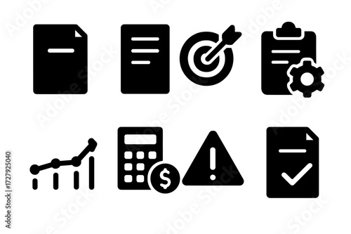 Proposal Icon Set. Solid, filled icon set of proposal elements: title page, summary, objectives, methodology, timeline, costs, risks, conclusion. [Line icons