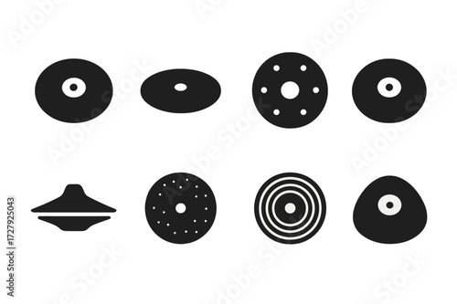 Ride Cymbal Icons. Solid, filled icon set of ride cymbal types: standard ride cymbal, jazz ride, flat ride, sizzle ride, crash ride, china ride, dark ride,