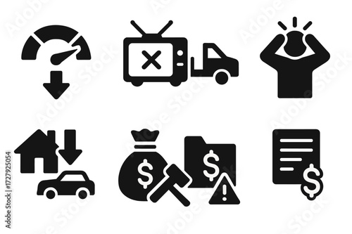 Unpaid Effects Icons. Solid, filled icon set of unpaid effects: credit score drop, service interruption, repossession, stress, loss of assets, legal fees,