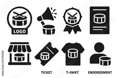 Drumline Icon Set. Solid, filled icon set of drumline commercial and branding: logo design, promotional flyer, brand badge, marketing poster, instrument shop,