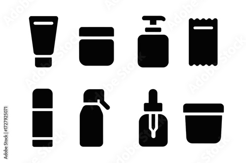 Ointment Container Icons. Solid, filled icon set of ointment containers: tube, jar, pump bottle, sachet, stick applicator, spray bottle, dropper bottle, tub.