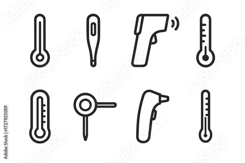 Thermometer Icons Set. Outline icon set of thermometers: mercury thermometer, digital thermometer, infrared thermometer, clinical thermometer,