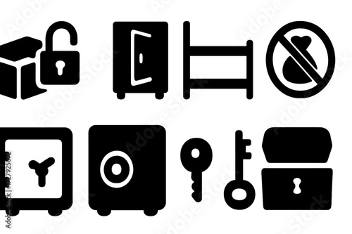 Empty Security Icons. Solid, filled icon set of empty container security: unlocked box, open locker, empty shelf, no valuables, open strongbox, bare safe, key