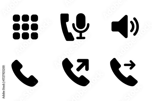 Call Actions Icons. Solid, filled icon set of call actions: dial pad, hold, mute, speakerphone, end call, answer call, transfer call, record call. [Solid,