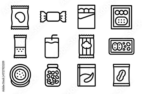 Snack Packaging Icons. Snack packaging. Line icon set of snack packaging: chip bag, candy wrapper, chocolate bar, biscuit box, granola bar, juice pouch,