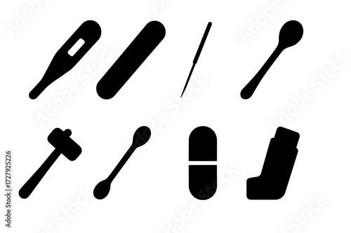 Medical Icon Grid. Solid, filled icon set of stick medical and health items: thermometer stick, tongue depressor, acupuncture needle, massage stick, reflex
