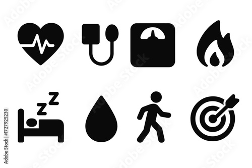Health Metrics Icons. Solid, filled icon set of health charts: heart rate, blood pressure, weight tracking, calories burned, sleep cycle, hydration, steps,