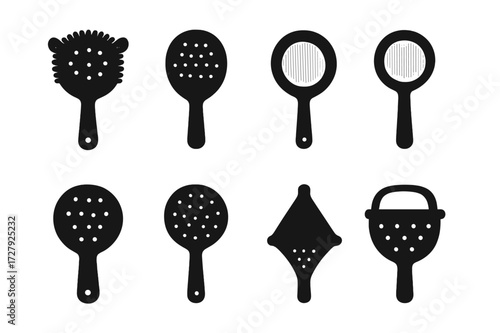 Black Strainer Icons. Solid, filled icon set of strainer types: hawthorne strainer, julep strainer, fine mesh strainer, tea strainer, cocktail strainer,