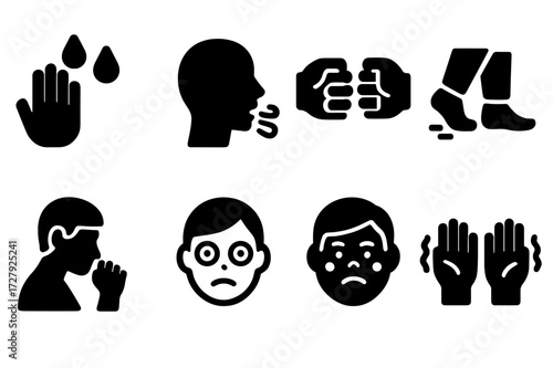 Anxiety Icon Set. Solid, filled icon set of anxiety reactions: sweating palms, rapid breathing, clenched fists, pacing feet, biting nails, wide eyes, flushed