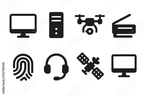 Tech Icons Grid. Solid, filled icon set of agency technology: computer, server, drone, scanner, fingerprint reader, headset, satellite, monitor. [Line icons in
