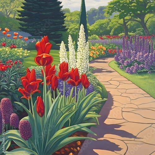 Vibrant Spring Garden Path with Red Tulips and Lupines