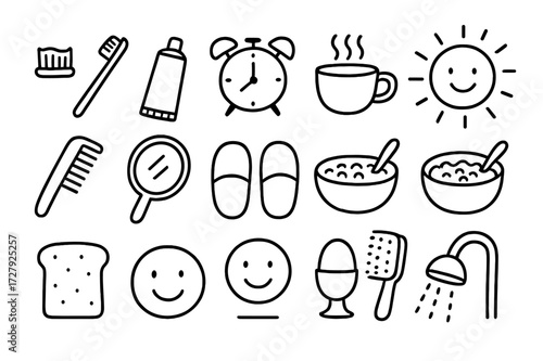 Morning Routine Doodles. Hand-drawn doodle illustration morning routine toothbrush, toothpaste, alarm clock, cup of tea, sun, comb, mirror, slippers, breakfast