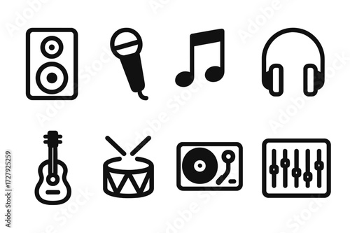 Celebration Music Icons. Solid, filled icon set of celebration music: speaker, microphone, music notes, headphones, guitar, drum, DJ turntable, sound mixer.