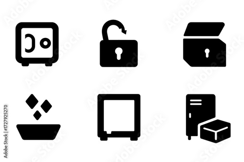 Security Icon Set. Solid, filled icon set of security empty: unlocked safe, broken lock, empty vault, open lockbox, missing valuables, empty deposit, open