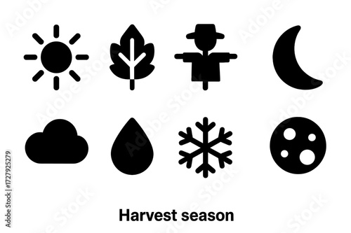 Harvest Season Icons. Solid, filled icon set of harvest season: sun, autumn leaf, scarecrow, moon, cloud, rain drop, frost, harvest moon. [Line icons in only