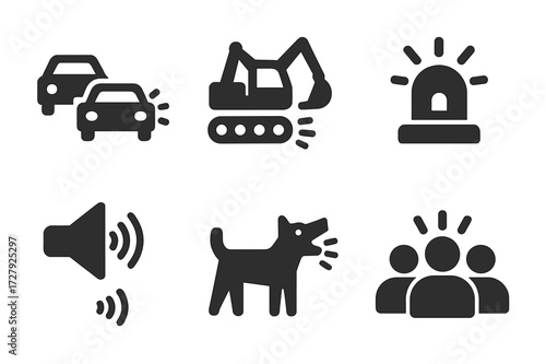Noise Source Icons. Solid, filled icon set of noise sources: traffic, construction, loudspeaker, alarm, barking dog, music speaker, factory, crowd. Solid,
