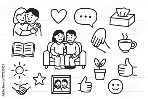 Supportive Friends Icons. Hand-drawn doodle illustration [supportive friends] [hug icon, heart, chat bubble, tissue box, couch, book, hand on shoulder, tea