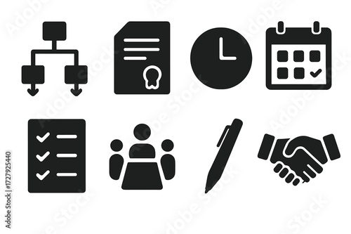 Succession Planning Icons. Solid, filled icon set of succession planning: flowchart, contract, clock, calendar, checklist, meeting table, pen, handshake.