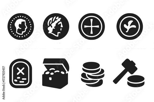 Ancient Coin Icons. Solid, filled icon set of ancient coins: Roman coin, Greek coin, medieval coin, embossed coin, treasure coin, coin chest, old coin pile,