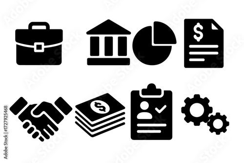 Business Loan Icons. Solid, filled icon set of business loan request: briefcase, bank building, pie chart, contract, handshake, money stack, credit report,