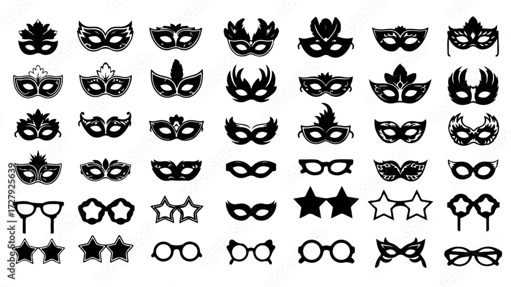 Fototapeta premium Discover stunning, diverse masquerade masks and playful party glasses perfect for celebrations, events, and creative projects