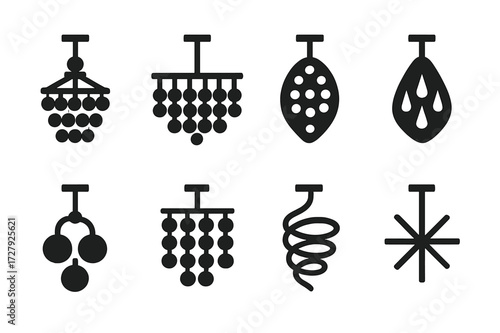 Chandelier Icon Grid. Solid, filled icon set of chandelier shapes: round chandelier, rectangular chandelier, oval chandelier, teardrop chandelier, cluster
